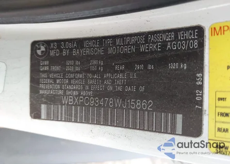 2008 BMW X3 3.0Si из США, поврежденный, VIN WBXPC93478WJ15862